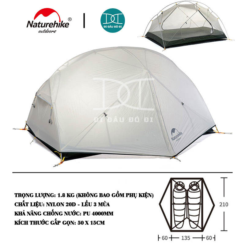 Lều 2 người cao cấp Naturehike Mongar chính hãng, chống nước, chống tia UV, chống gió và dễ dàng lắp đặt NH17T007-M
