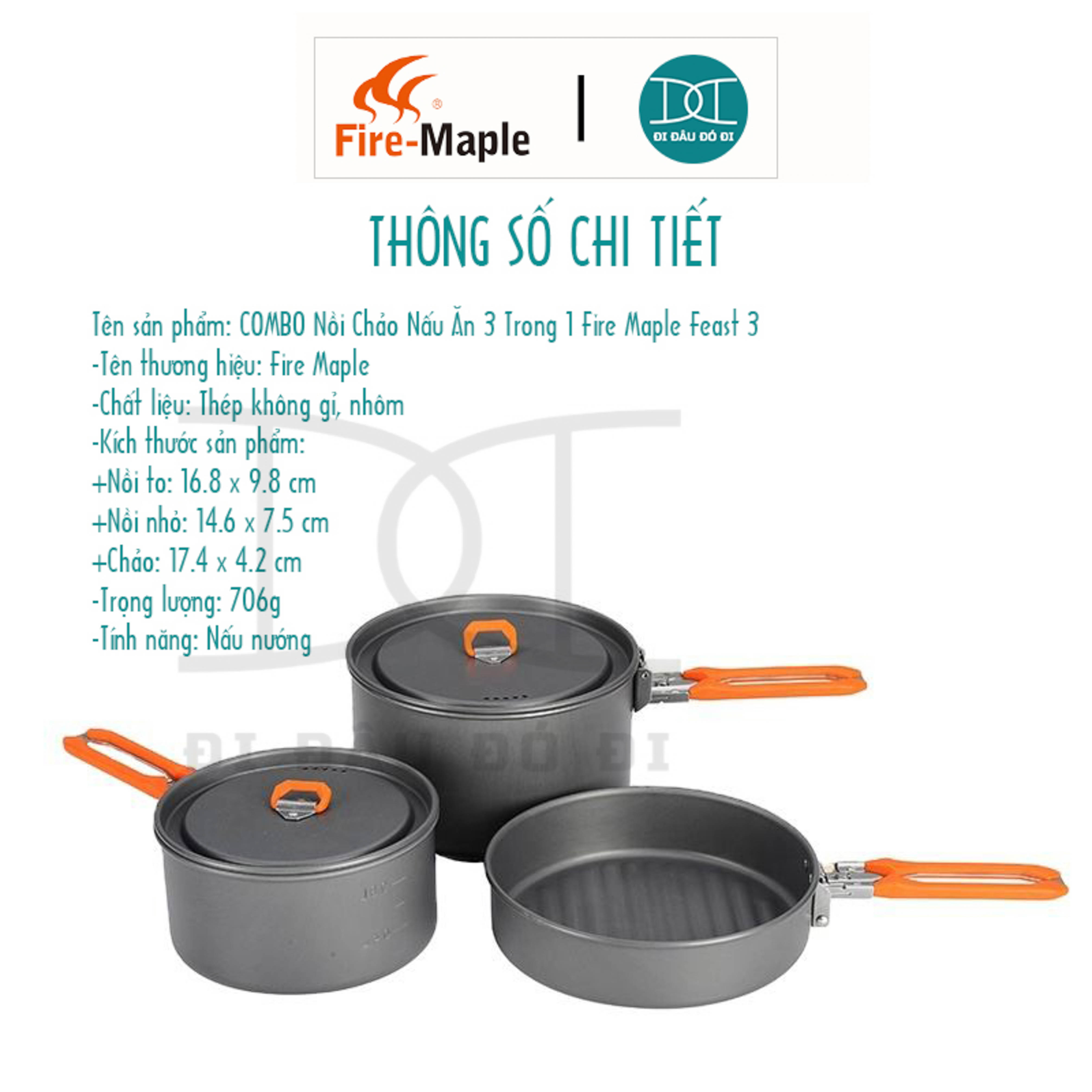 Combo nồi chảo nấu ăn 3 trong 1 Fire Maple FEAST 3 thích hợp cắm trại dã ngoại