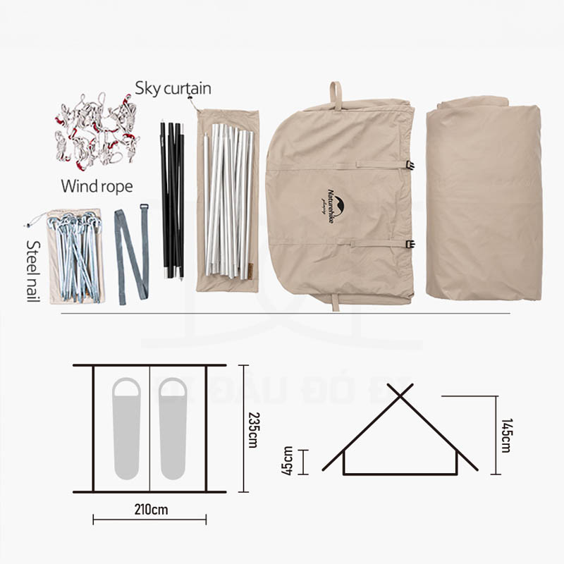 Lều glamping chữ A Naturehike NH20ZP011 thiết kế mái mở rộng có cột chống 